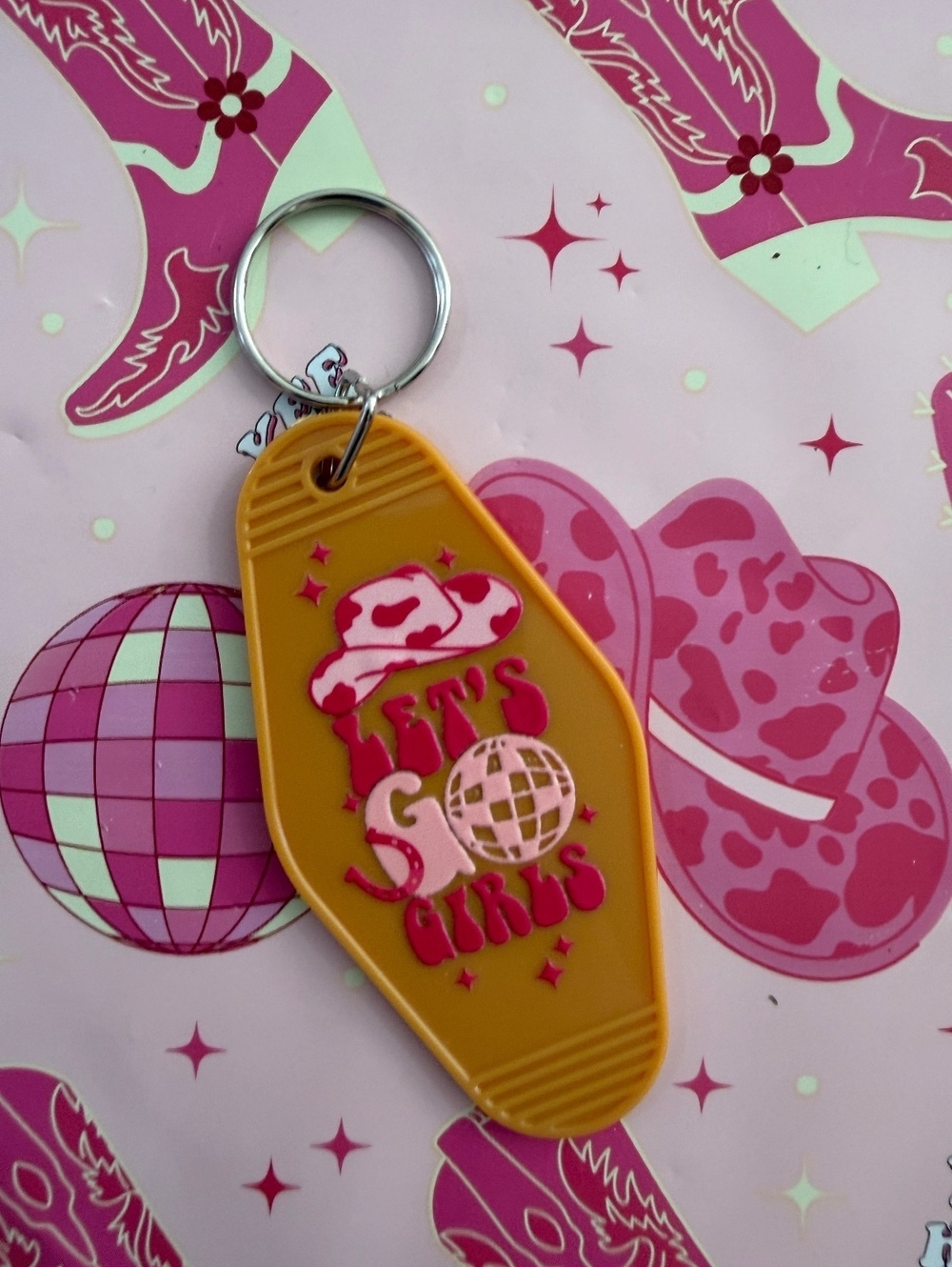 Retro Style Yellow Brown Keychain with Pink 'Let's Go Girls' Design
